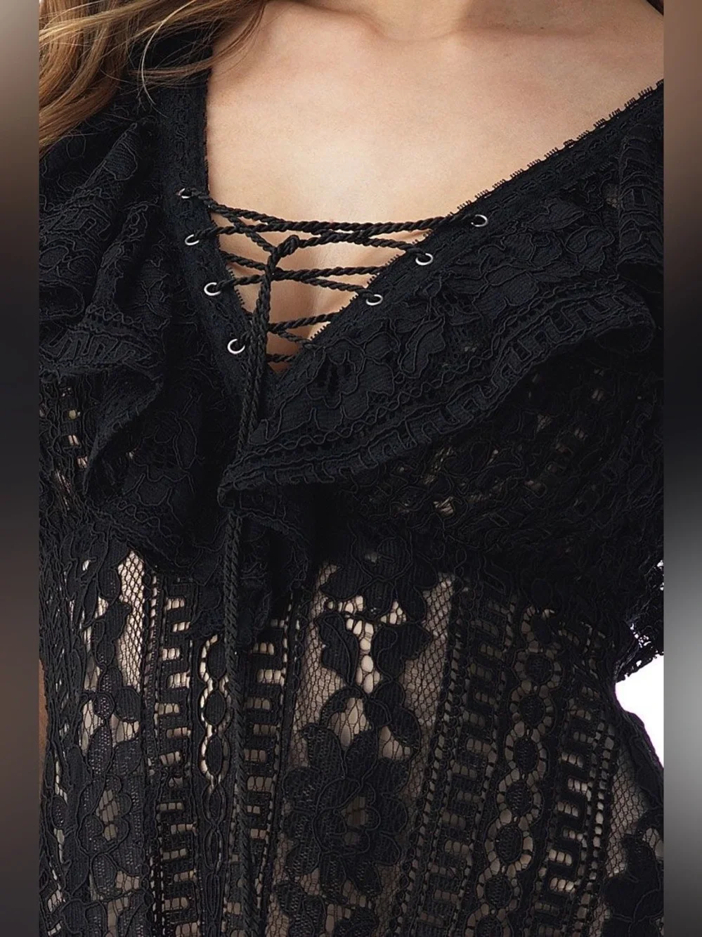 Sky Garvella black lace sexy mini ruffle dress size Medium - Picture 2 of 8